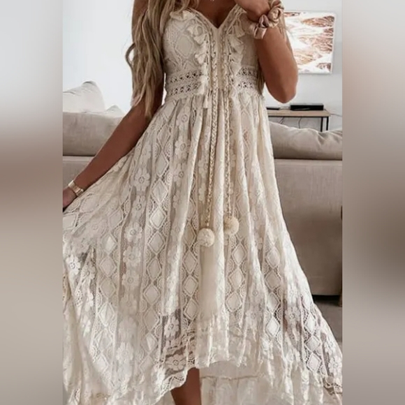 Amellia Dresses & Skirts - Boho Goddess Bohemian Lace Dress with Tassels and Pom Poms